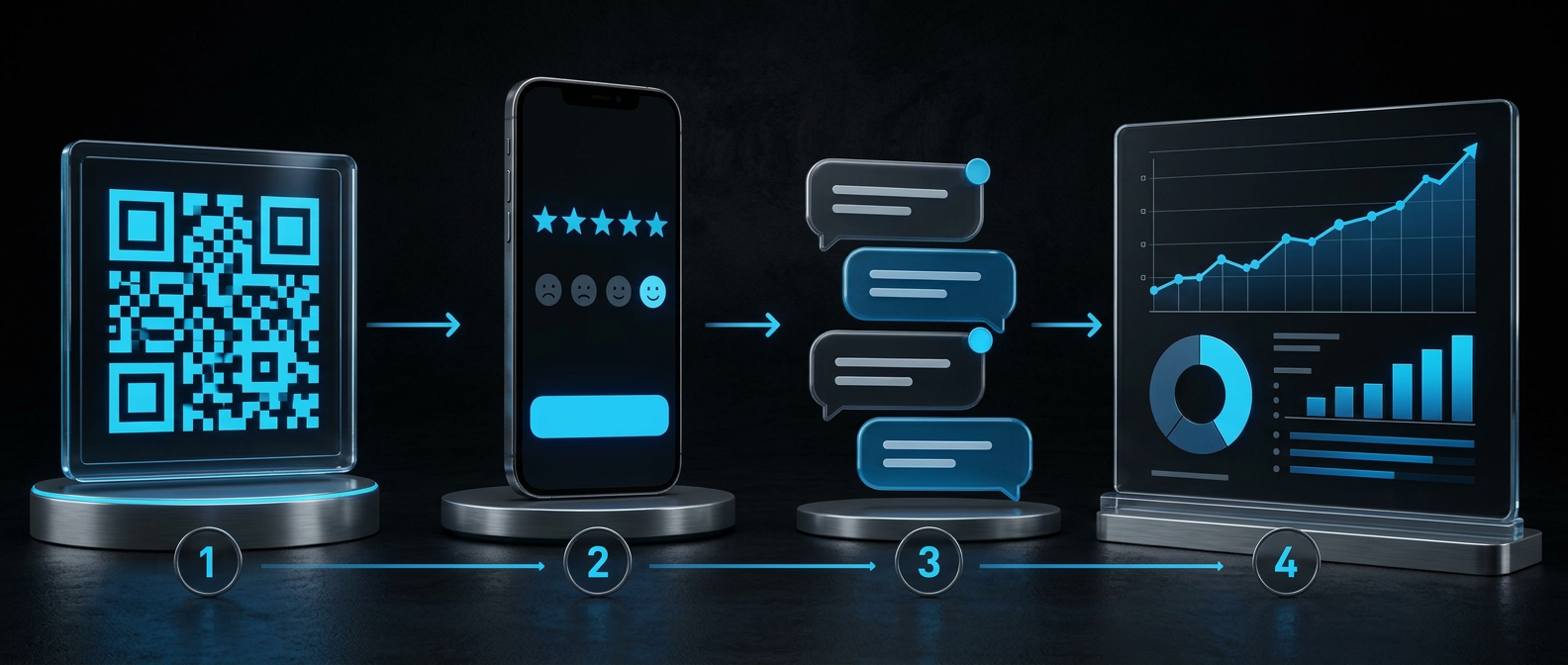 Illustrasjon av review-pipeline: QR-kode, rating, SMS-oppfølging og måling